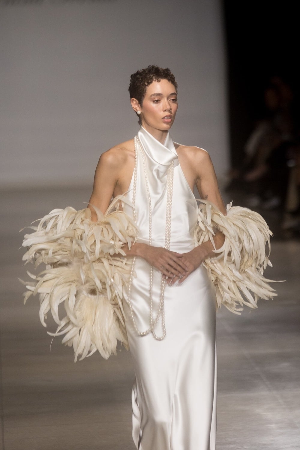 Ivory Satin Halter Dress with Feather Trim — Runway Dresses