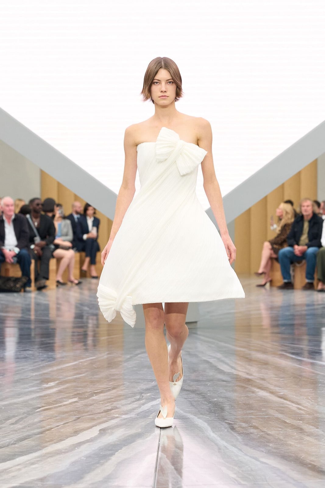 White Pleated A-Line Mini Dress with Bow — Runway Dresses