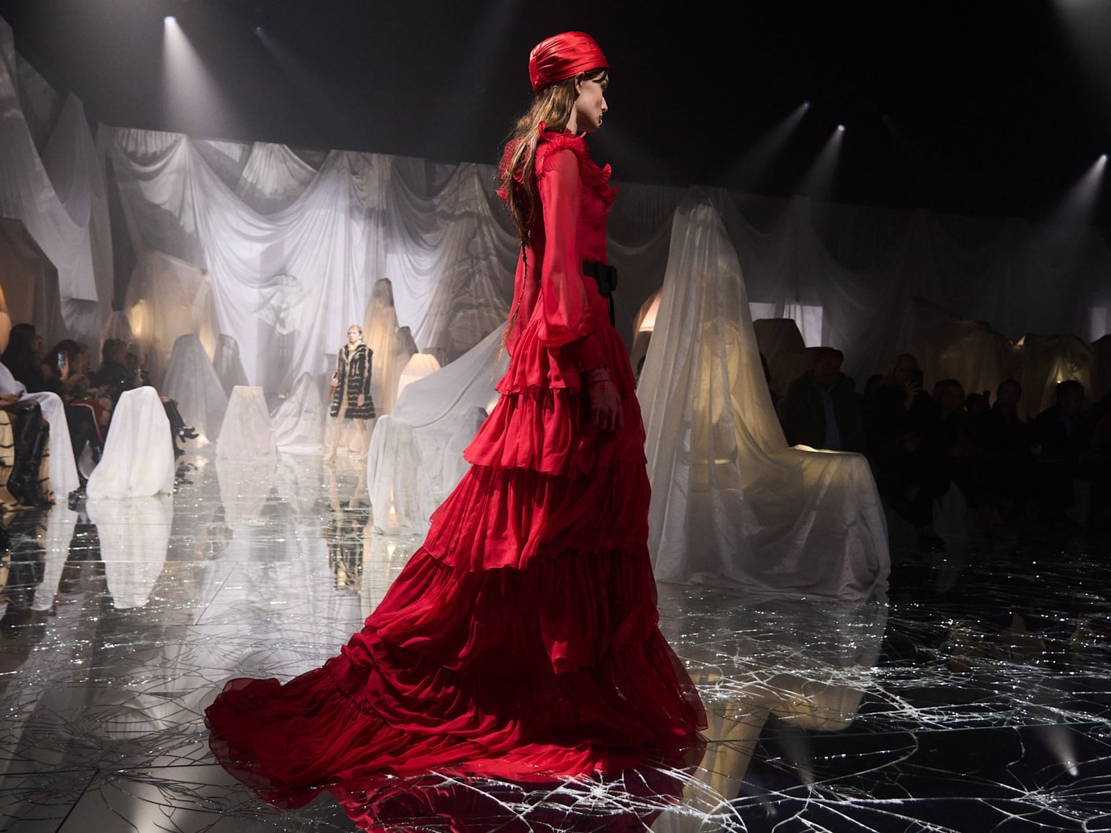 Red Tiered Ruffled Flowing Dress with Headscarf — Runway Dresses