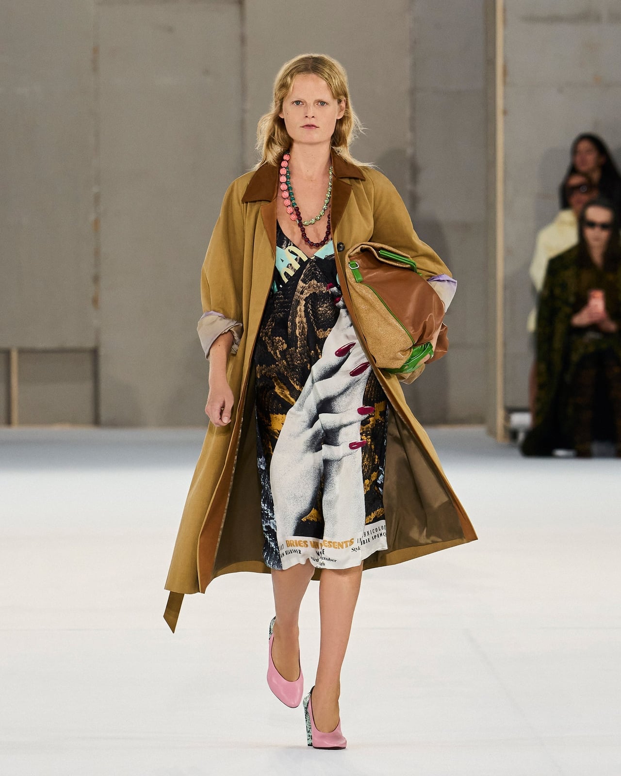 Graphic Print Dress Under Tan Trench Coat — Runway Dresses