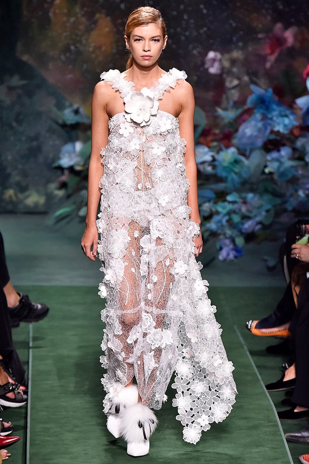 White Sheer Gown with 3D Floral Appliqués — Runway Dresses
