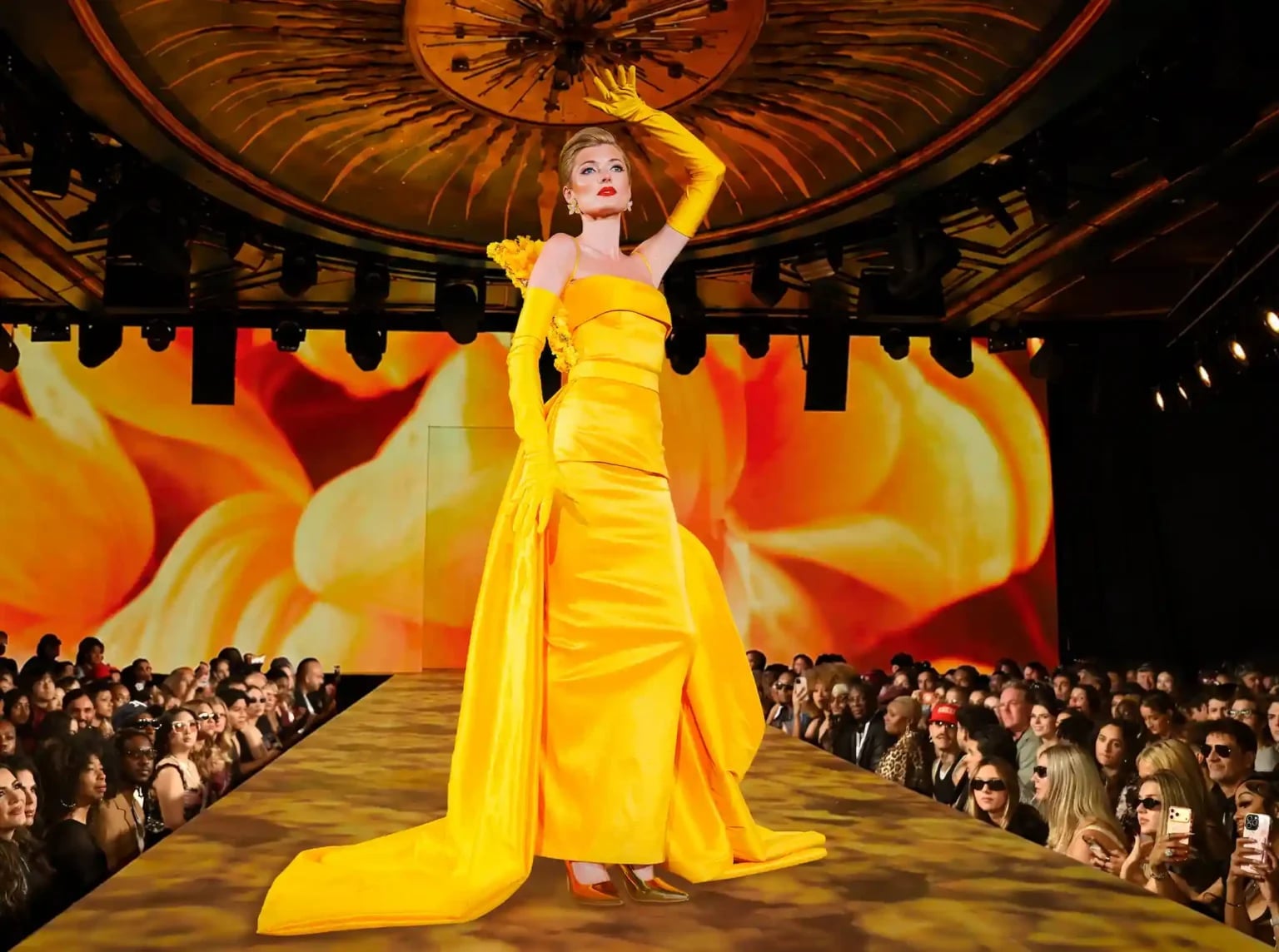 Vibrant Yellow Satin Ballgown with Gloves — Runway Dresses