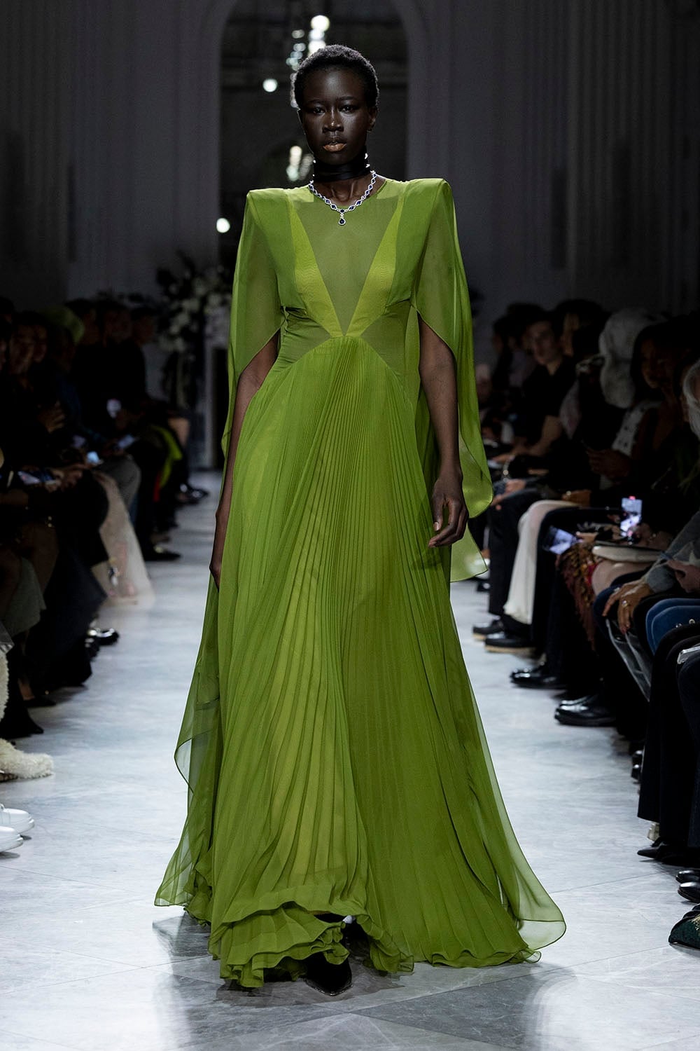 Flowing Lime Green Pleated Chiffon Gown — Runway Dresses