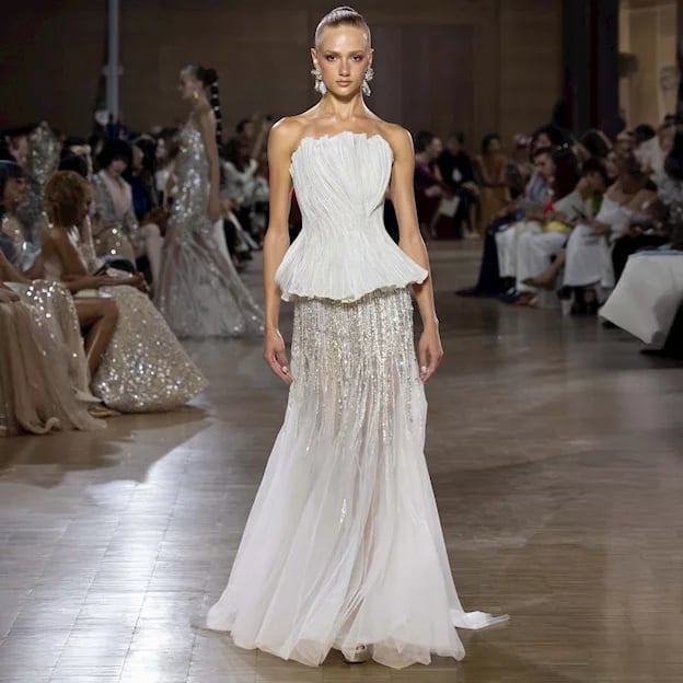 White Sequined Strapless Gown with Peplum — Runway Dresses