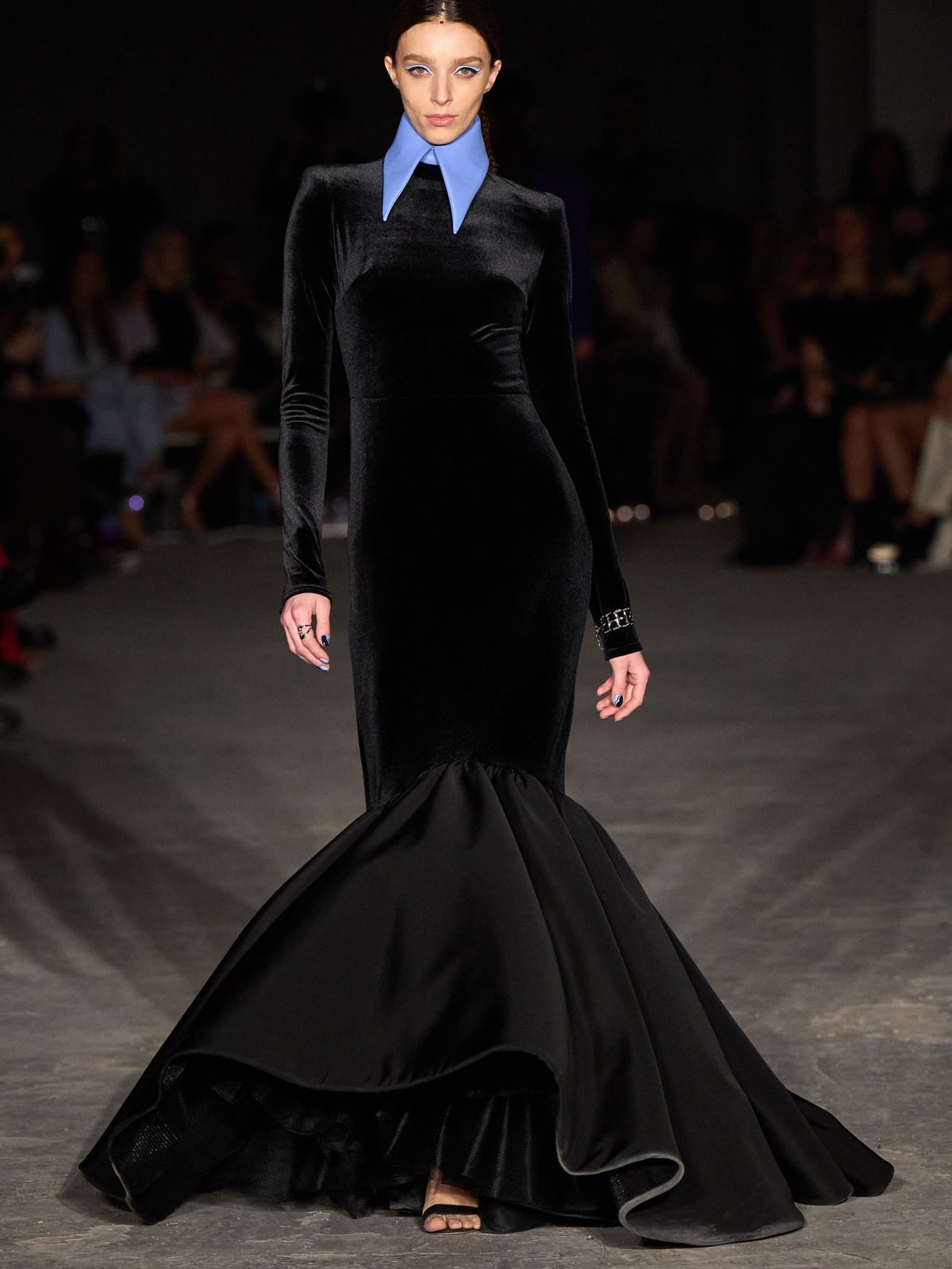 Black Velvet Gown with Blue Collar — Runway Dresses
