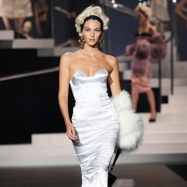 White Satin Column Dress with Fur Stole — Runway Dresses