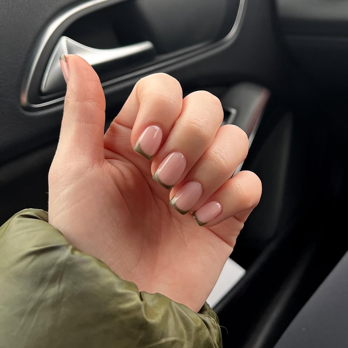 Sage Green French Tip Short Squoval Nails