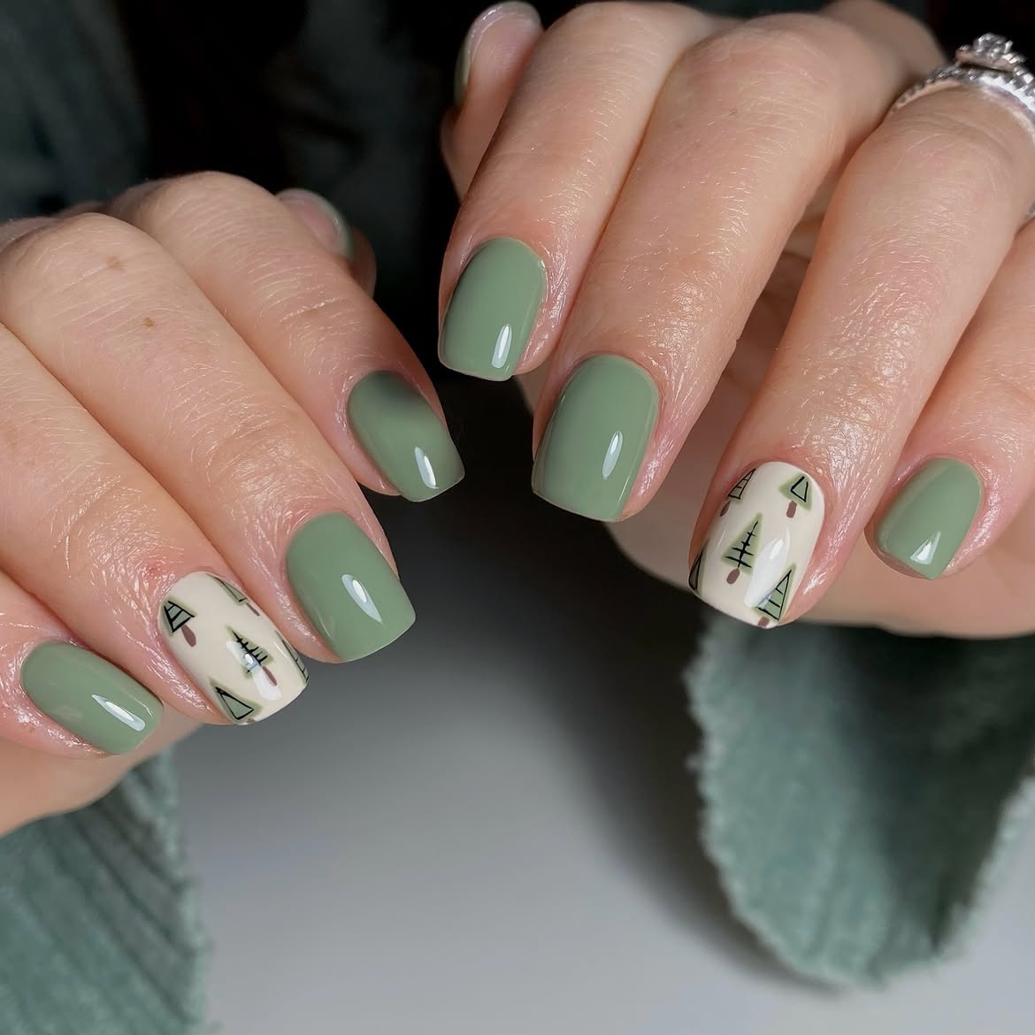 Sage Green Squoval Nails with Tiny Trees