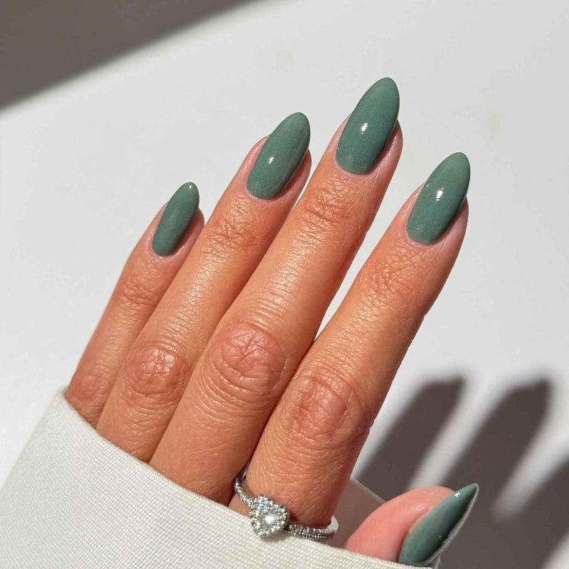 Deep Muted Sage Green Glossy Almond Nails — Sage Nails