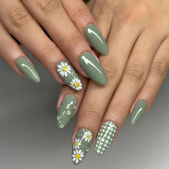 Medium Almond Sage Green Daisy Water Drop Gingham Nails — Sage Nails