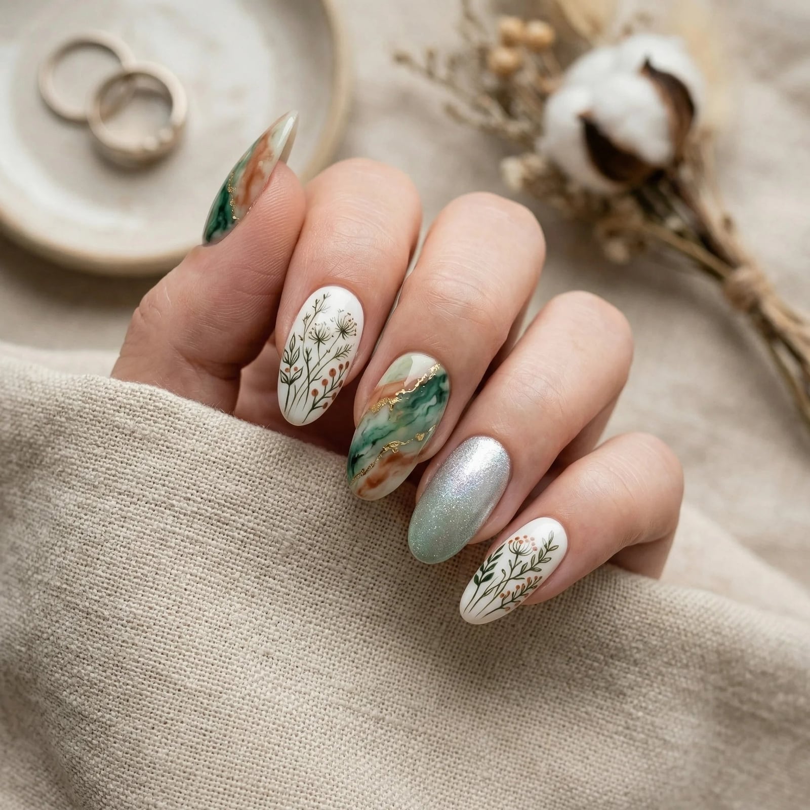 Almond Green Floral Marble Gold Shimmer Nails — Sage Nails