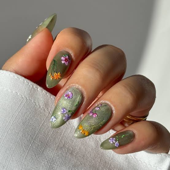 Almond Sage Green Subtle Shimmer Floral Nails — Sage Nails
