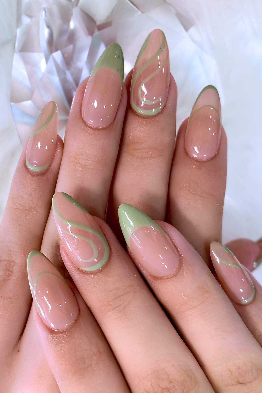 Medium Almond Sheer Pink Sage Green French Swirl Nails — Sage Nails