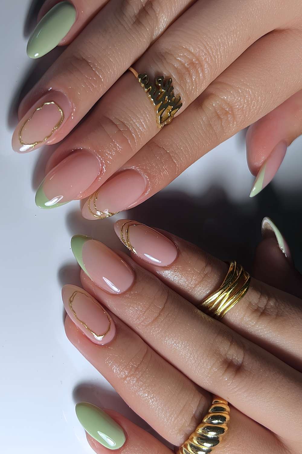 Medium Almond Sage Green French Gold Line Nails — Sage Nails