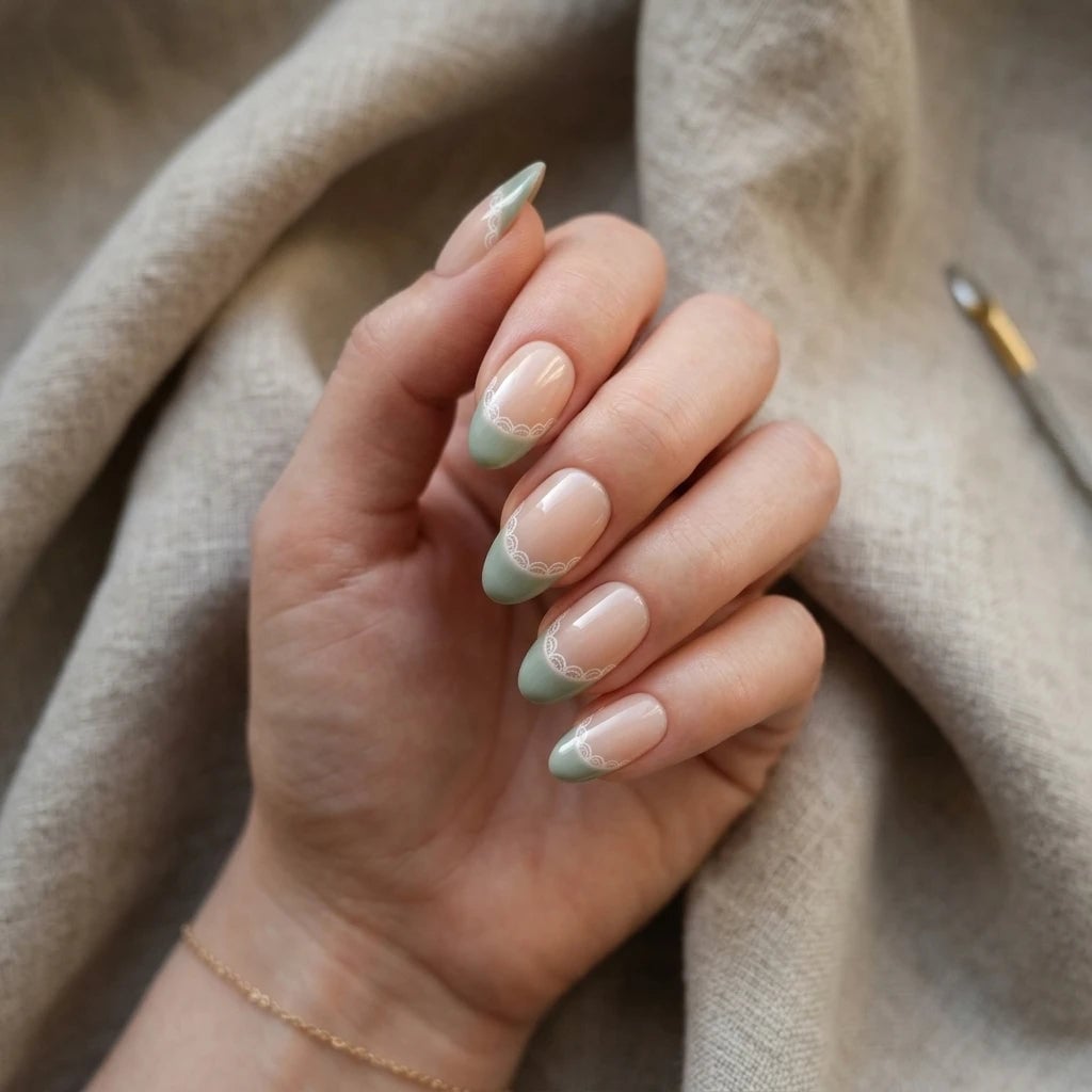 Medium Almond Sheer Nude Sage Green Lace French Nails, Glossy — Sage Nails