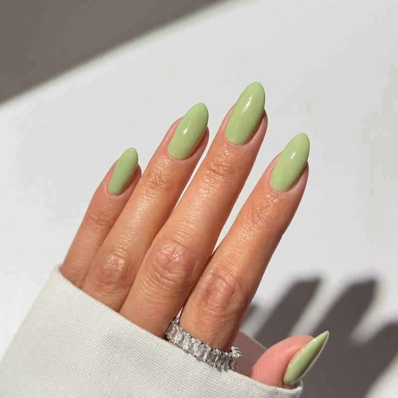 Bright Light Sage Green Glossy Almond Nails — Sage Nails