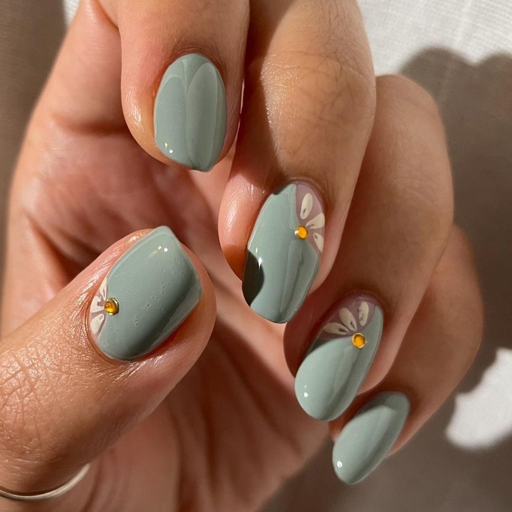 Long Ballet Slipper Olive Green Leaf Nails — Sage Nails
