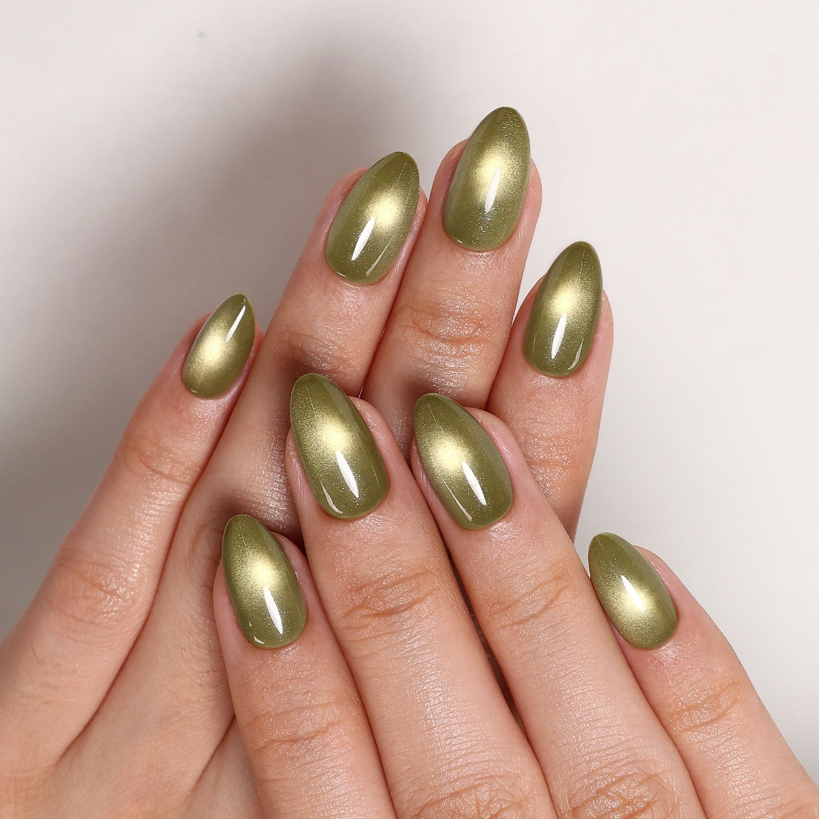 Short Almond Olive Green Cat Eye Nails — Sage Nails