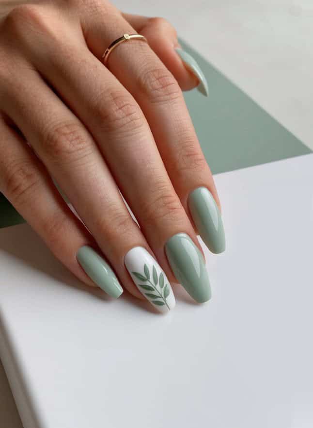 Medium Almond Green French Tip Glossy Nails — Sage Nails