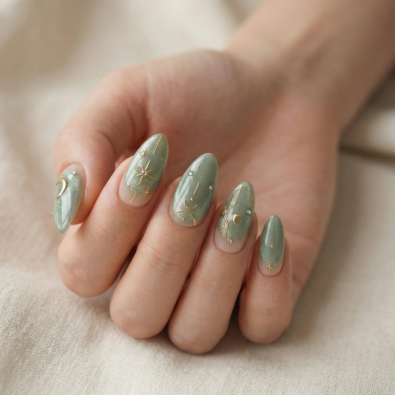 Medium Almond Sage Green Celestial Gold Rhinestone Nails — Sage Nails