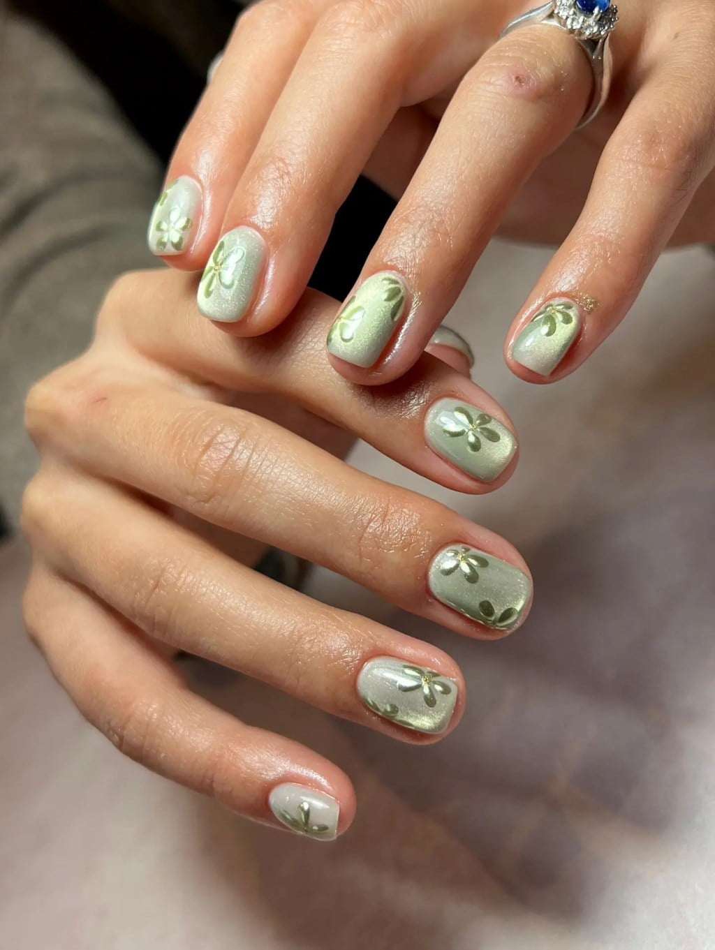 Short Square Sage Green Floral Shimmer Nails — Sage Nails
