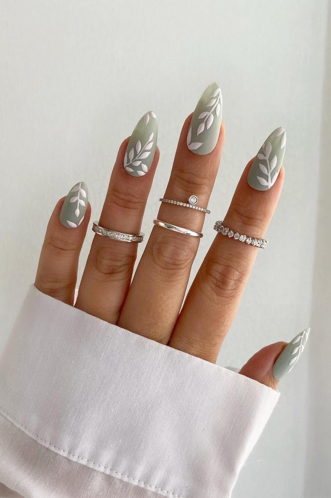 Long Almond Matte Sage Green Leaf Vine Nails — Sage Nails