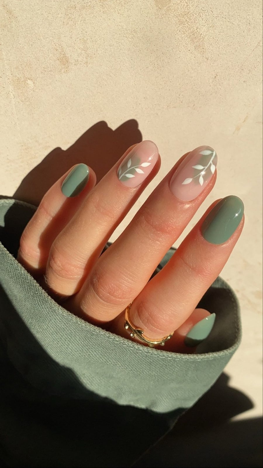 Medium Almond Sage Green and Sheer Nude Leaf Nails — Sage Nails