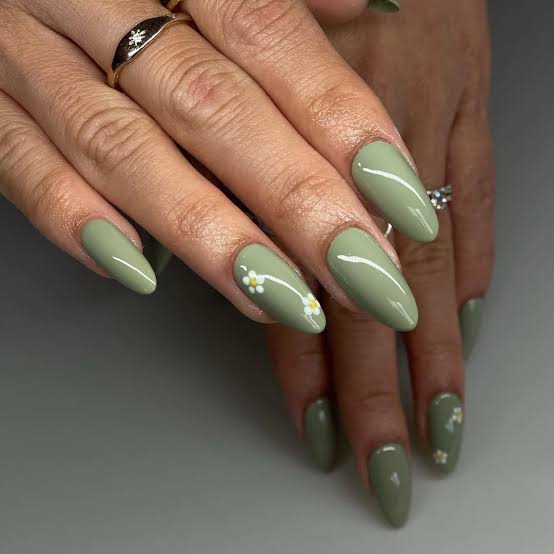Medium Almond Sage Green Minimalist Floral Nails — Sage Nails