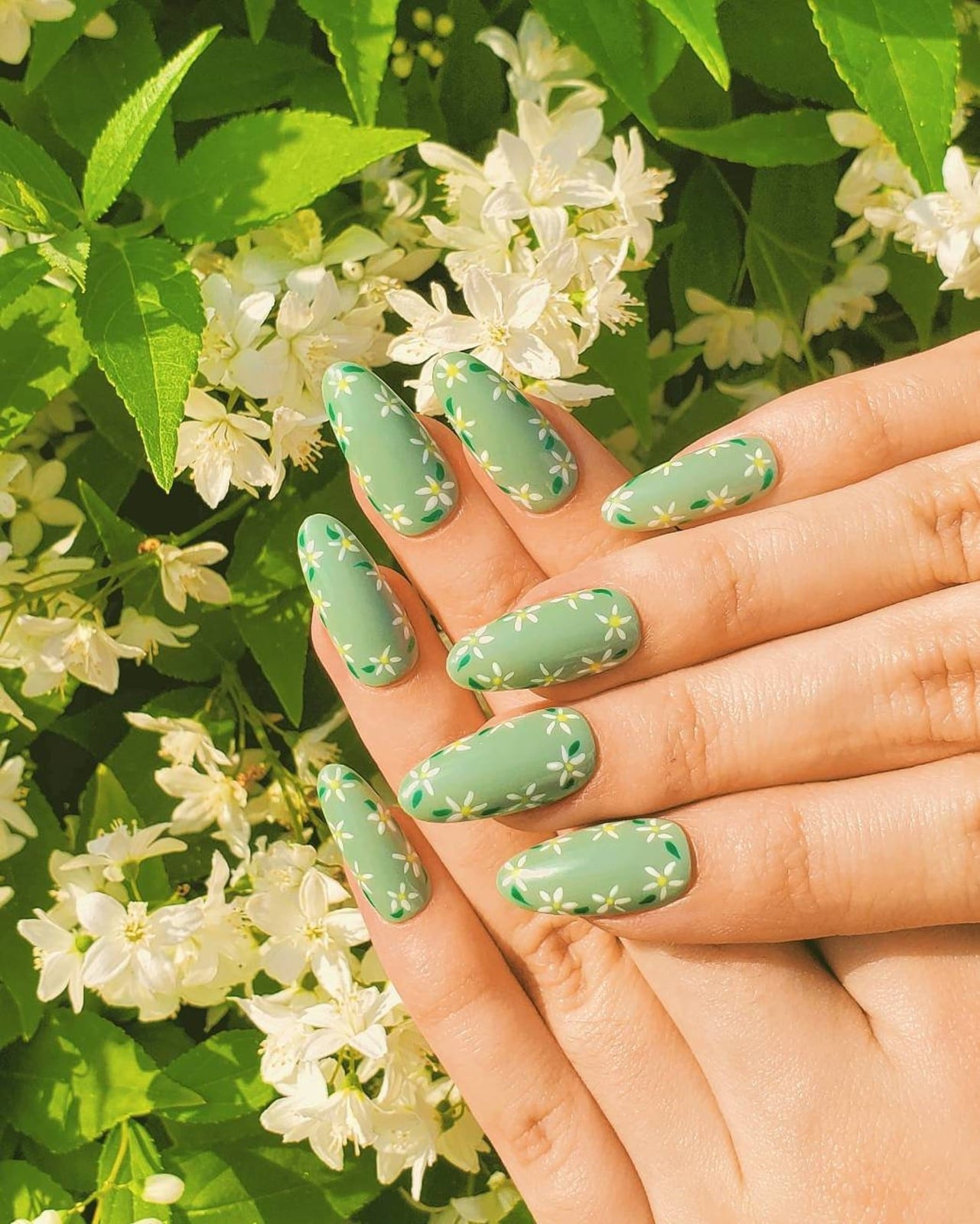 Almond Sage Green Floral Border Cuticle Nails — Sage Nails