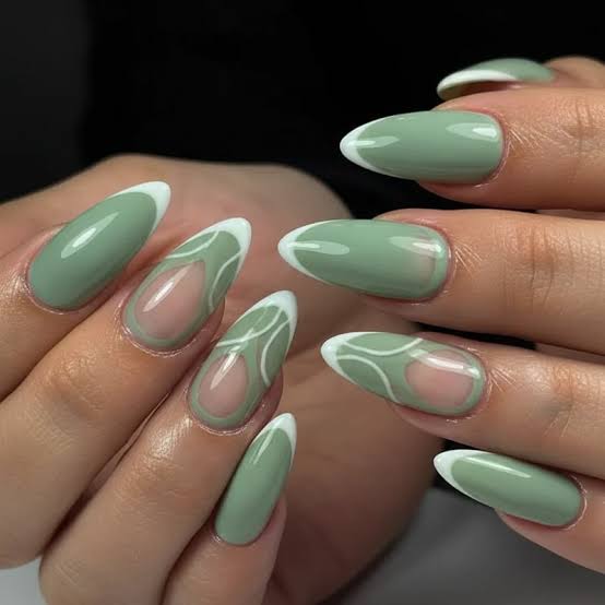 Medium Almond Sheer Nude Abstract Sage Lines Nails — Sage Nails