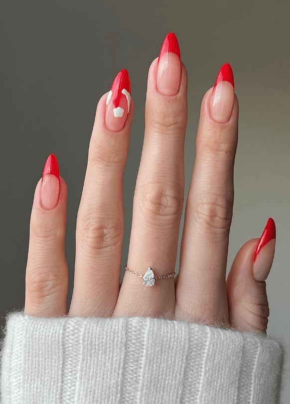 Long Almond Santa Hat French Tip Nails — Santa Hat Nails