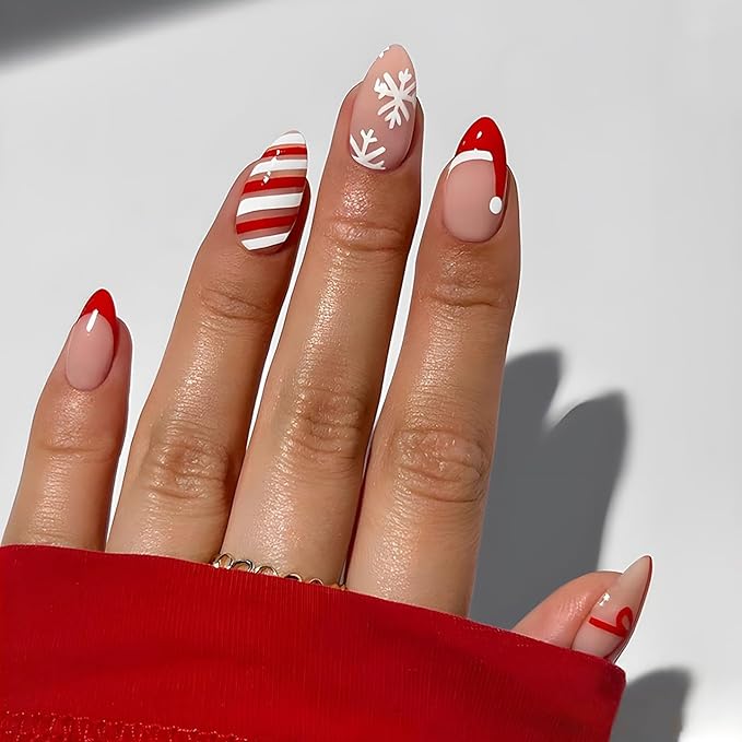 Almond Christmas Mix Nails — Santa Hat Nails