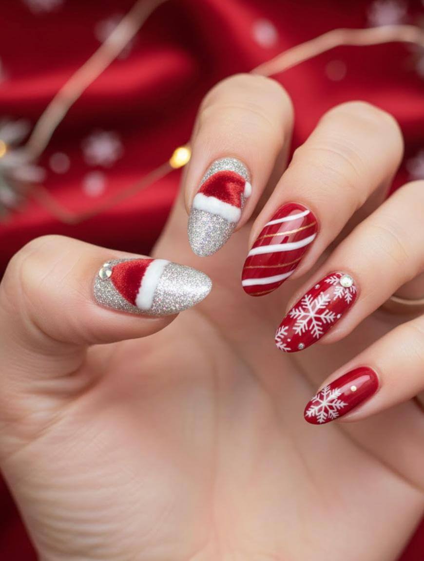 Almond Velvet Santa Hats Matte Red — Santa Hat Nails