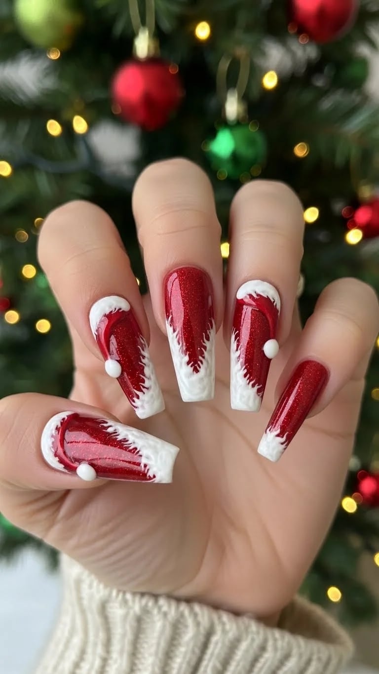 Long Ballerina Glitter Santa Hats — Santa Hat Nails