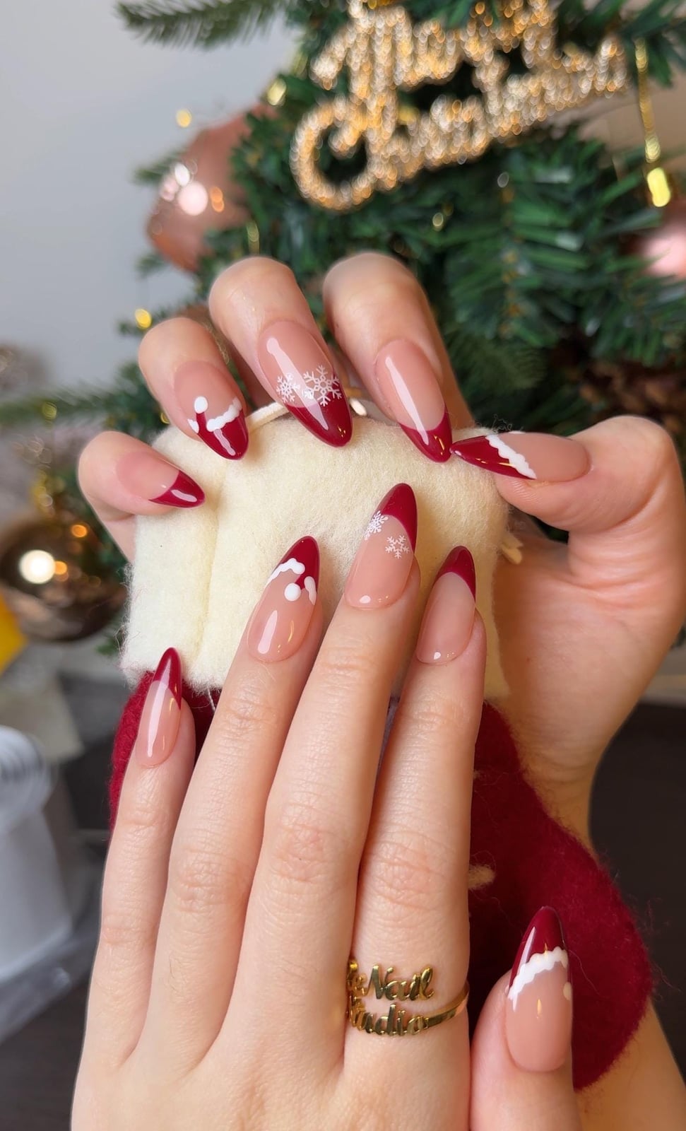 Long Almond Detailed Christmas Nails — Santa Hat Nails