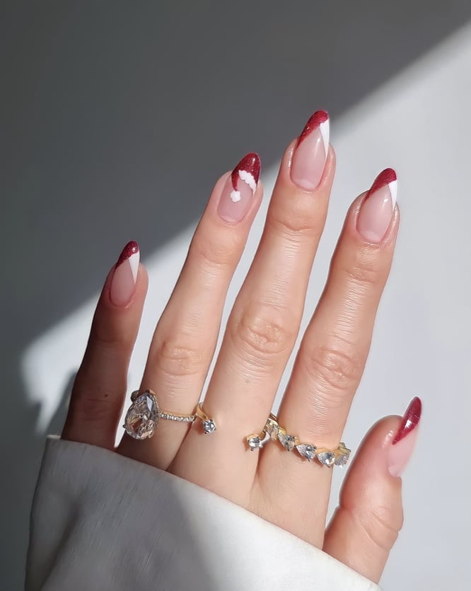 Long Almond Santa Hat Accent Nail — Santa Hat Nails