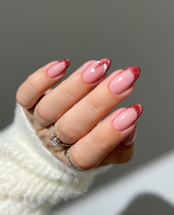 Medium Almond Glitter French Pom Pom — Santa Hat Nails