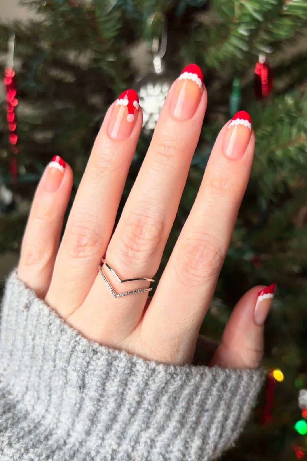 Medium Almond Santa Hat French Tips — Santa Hat Nails