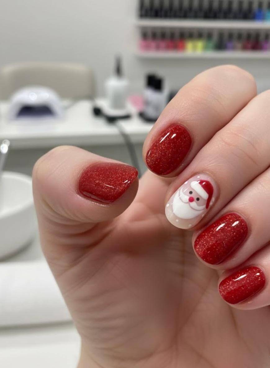 Short Oval Glitter Red Santa Face — Santa Hat Nails
