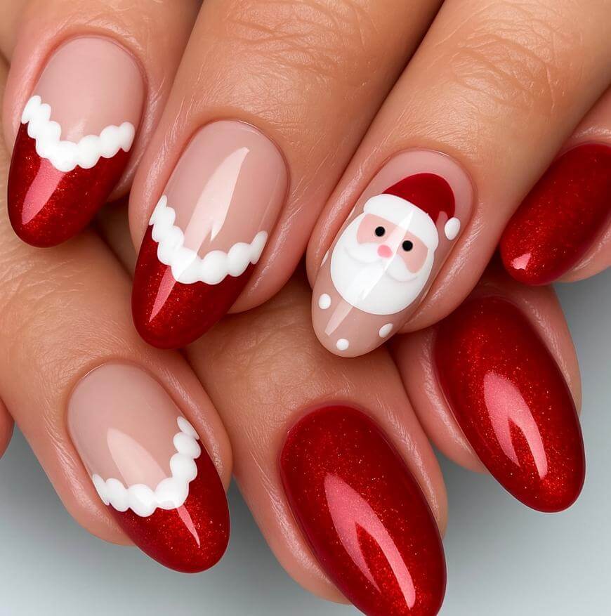 Medium Oval Santa Face Glitter French — Santa Hat Nails