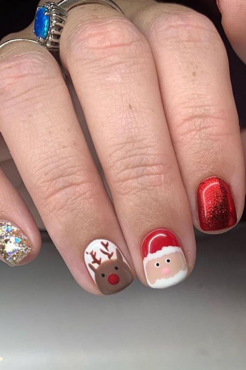 Short Square Cartoon Santa Nails — Santa Hat Nails