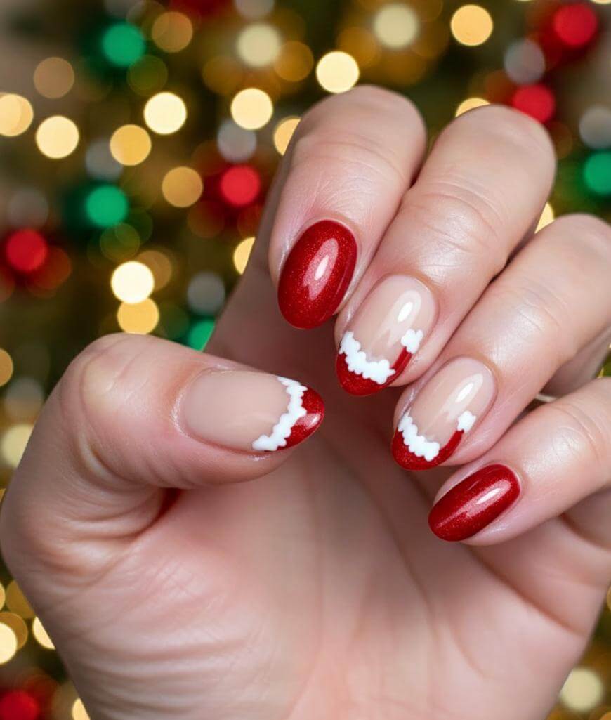 Short Almond Santa Hat French Tips, Glossy — Santa Hat Nails