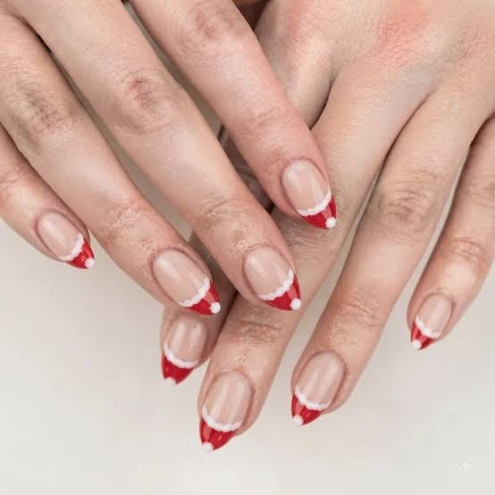 Short Almond Santa Hat French — Santa Hat Nails