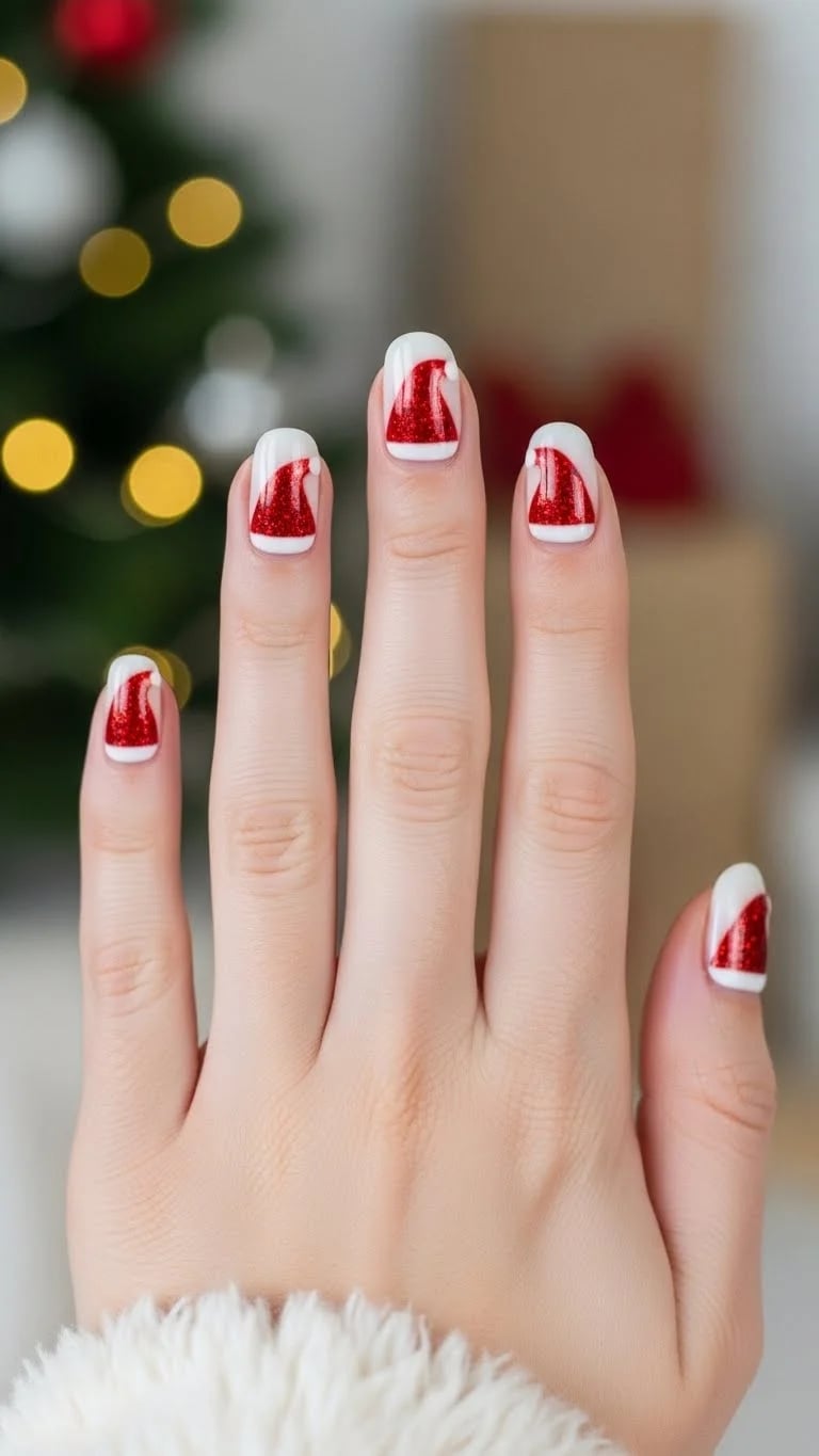 Short Almond Glitter Santa Hats — Santa Hat Nails