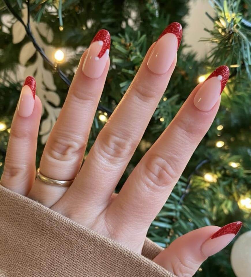 Medium Almond Glittery Red Santa Hat — Santa Hat Nails