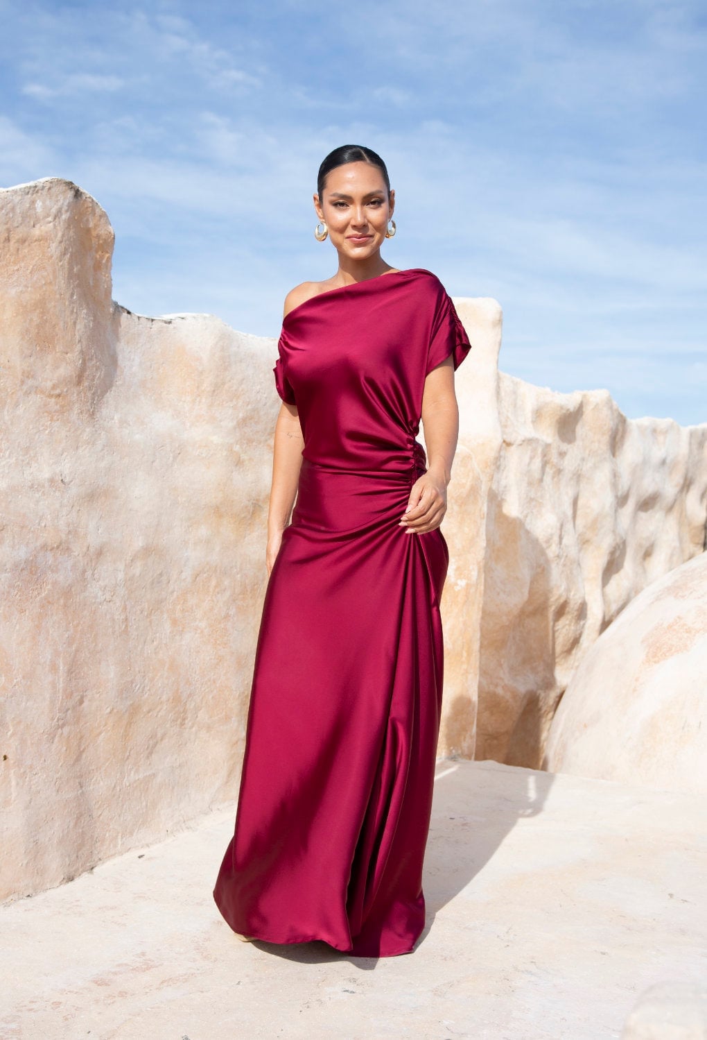 Deep Red One-Shoulder Draped Satin Dress Deep Red One-Shoulder Draped Satin Dress — Satin Dresses