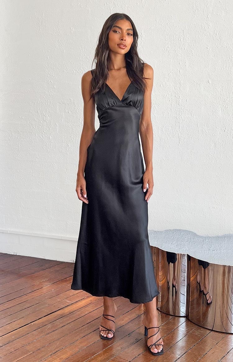Black V-Neck Midi Slip Dress Black V-Neck Midi Slip Dress — Satin Dresses