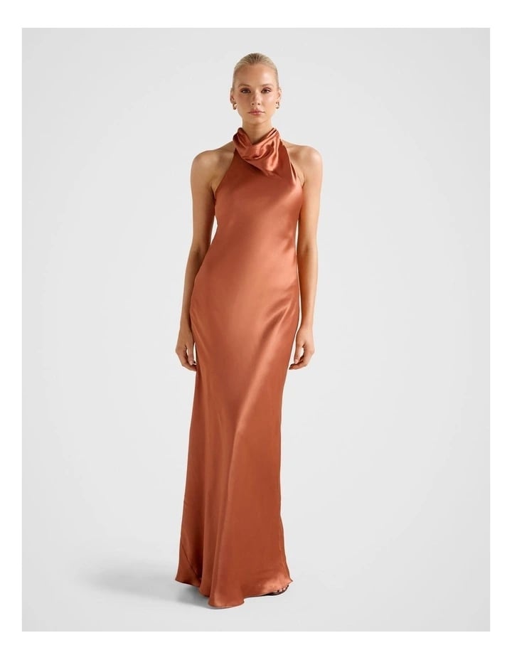 Burnt Orange Halter Neck Maxi Dress Burnt Orange Halter Neck Maxi Dress — Satin Dresses