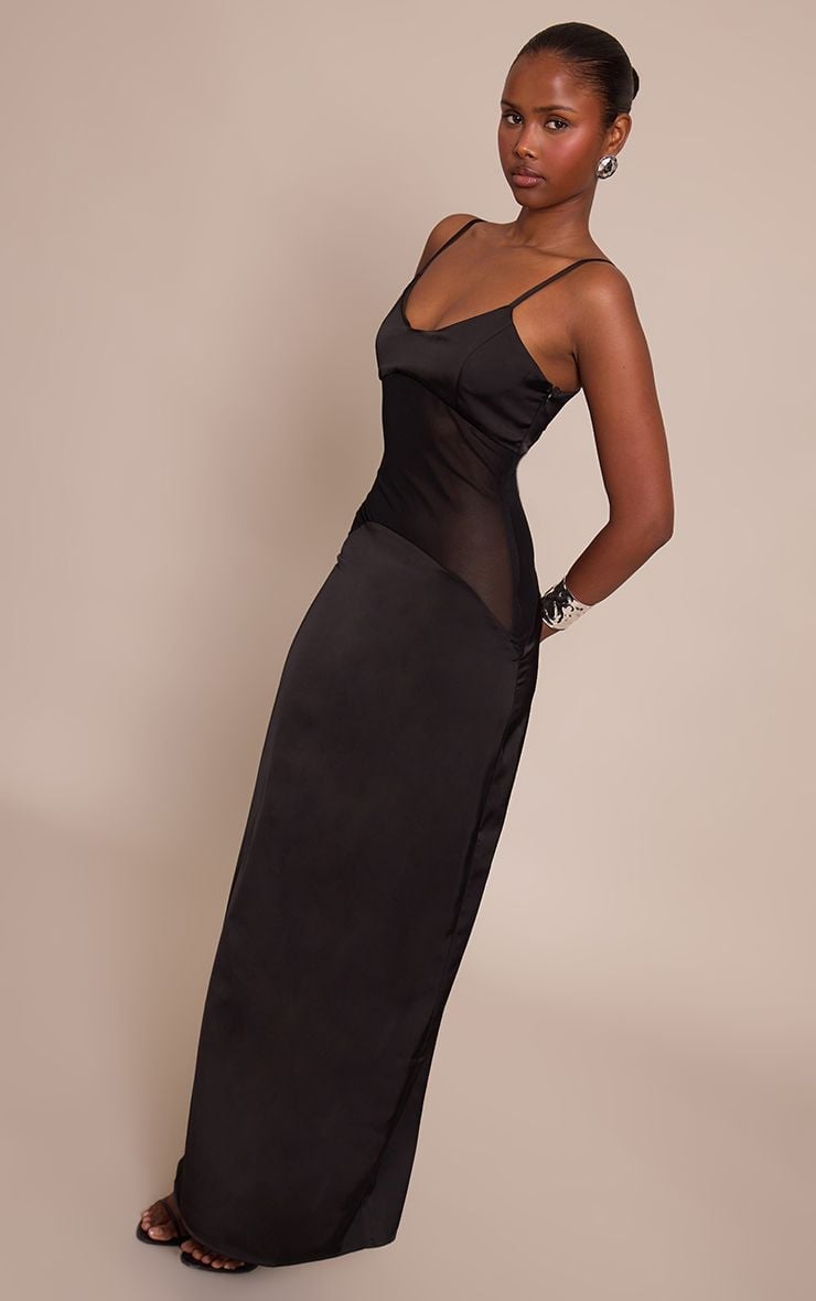 Black Satin Maxi Dress with Sheer Side Panel Black Satin Maxi Dress with Sheer Side Panel — Satin Dresses