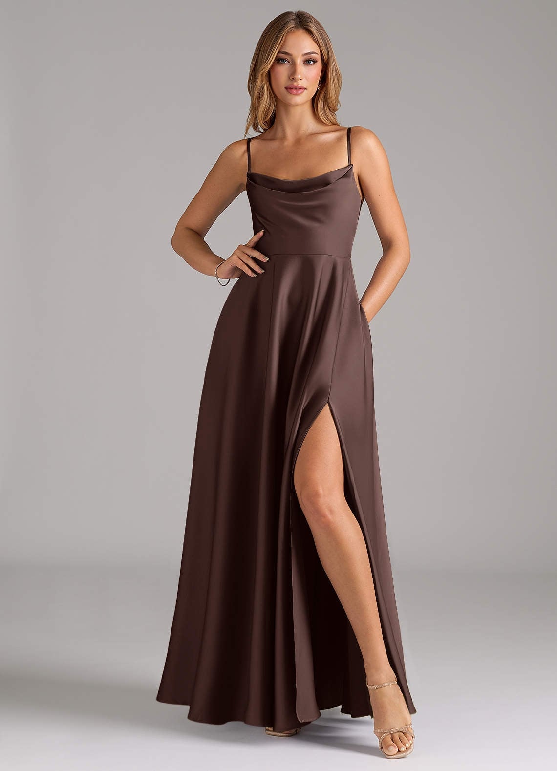 Chocolate Brown Cowl Neck A-Line Dress Chocolate Brown Cowl Neck A-Line Dress — Satin Dresses